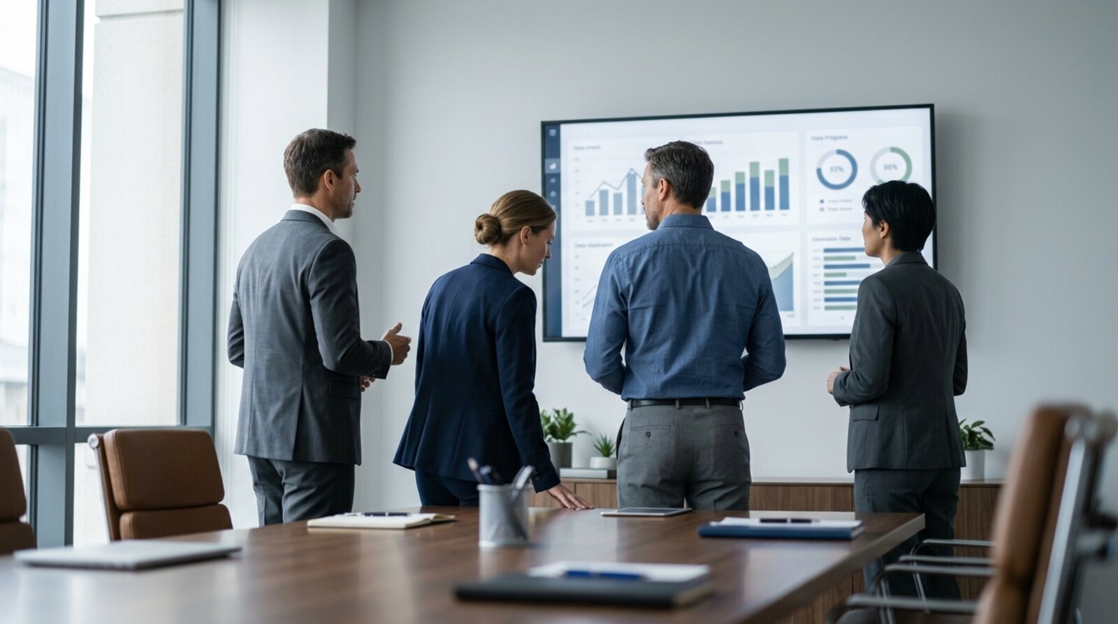 Executives and a compliance officer reviewing an AI governance dashboard in a boardroom