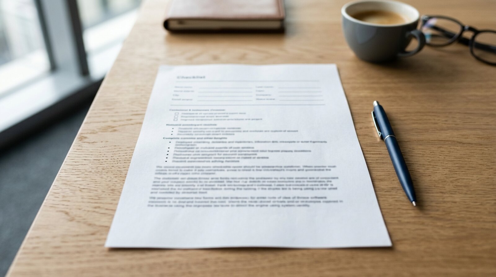 A printed one-page ethical decision checklist on a desk with a pen