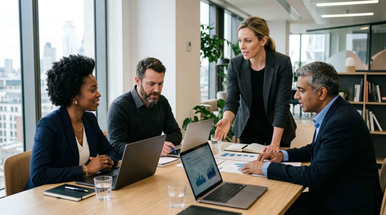 A manager working through an ethical decision with their team around a meeting table