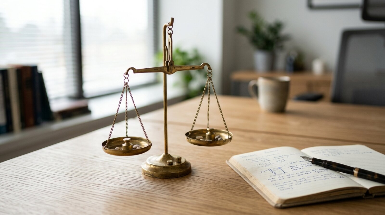Brass balance scales on a desk beside a notebook, representing weighing ethical choices