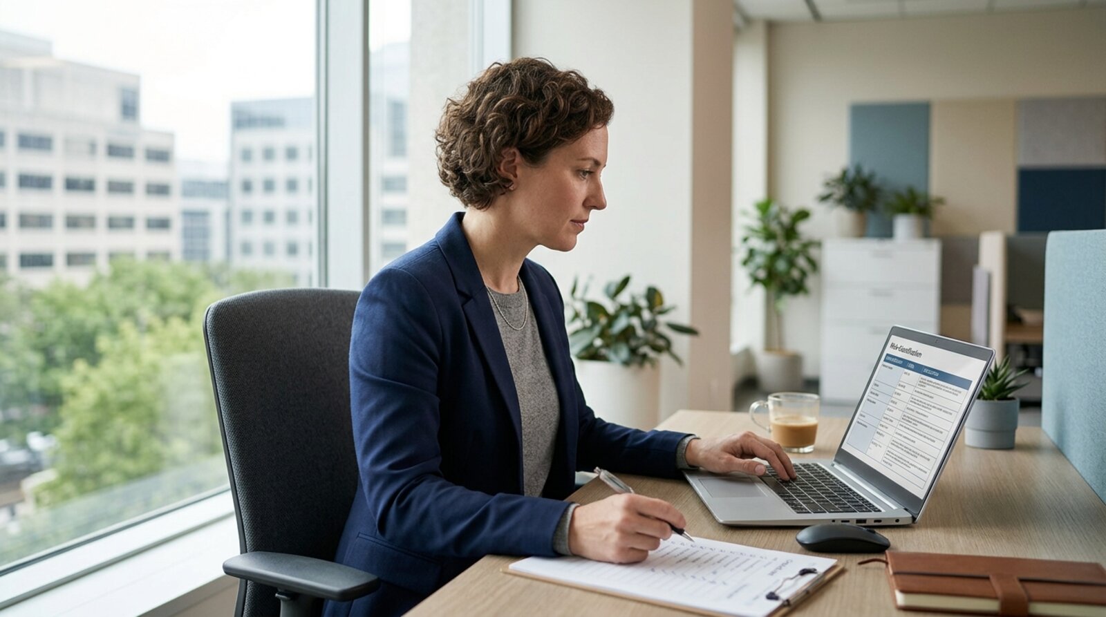 A compliance officer reviewing an EU AI Act risk classification checklist on a laptop in an office