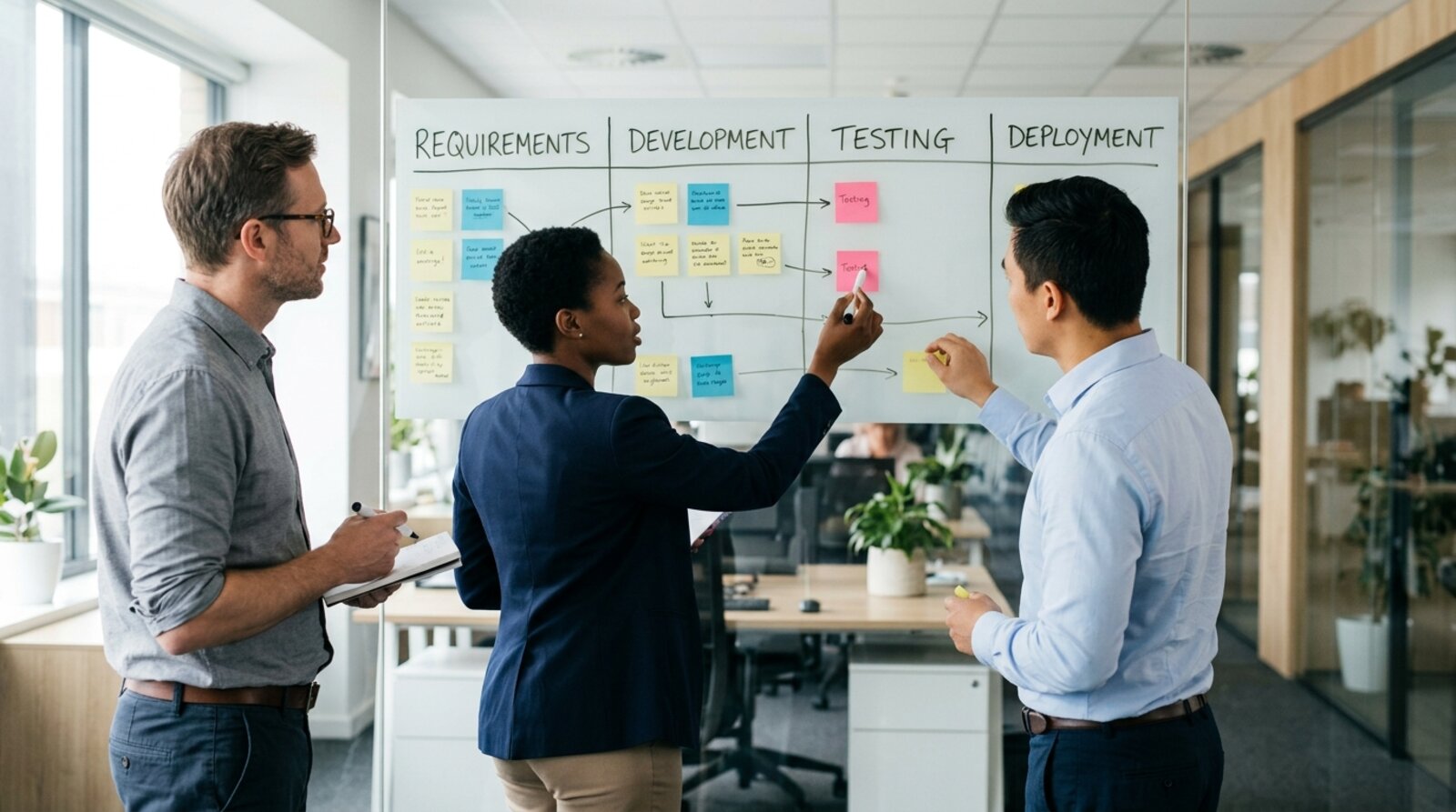A team mapping AI systems against the four EU AI Act risk tiers on a whiteboard