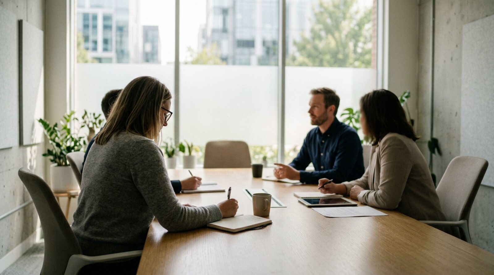 Colleagues meeting around a table to discuss a workplace speak-up and whistleblowing policy