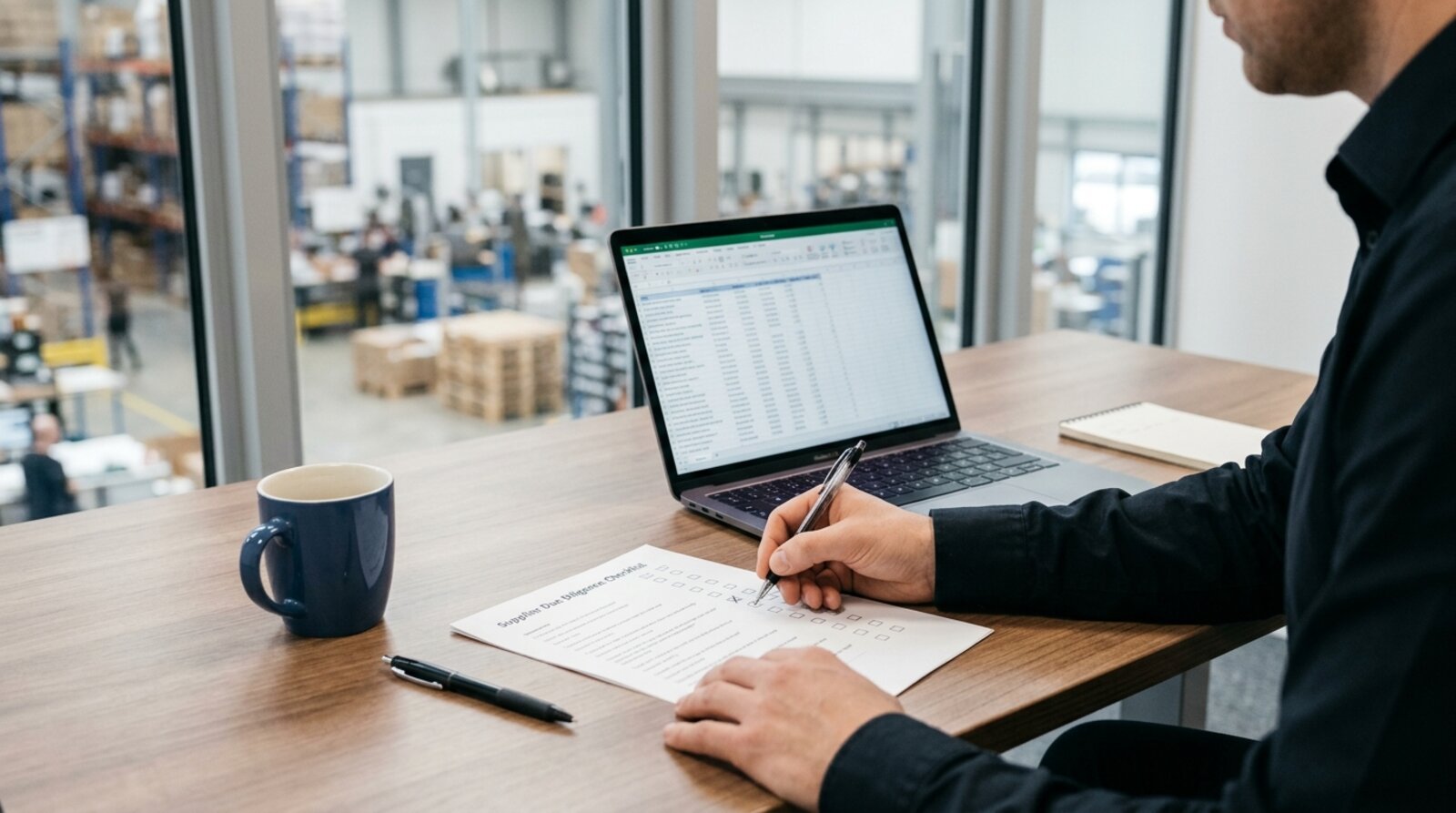 A procurement manager completing a supplier due diligence checklist beside a laptop
