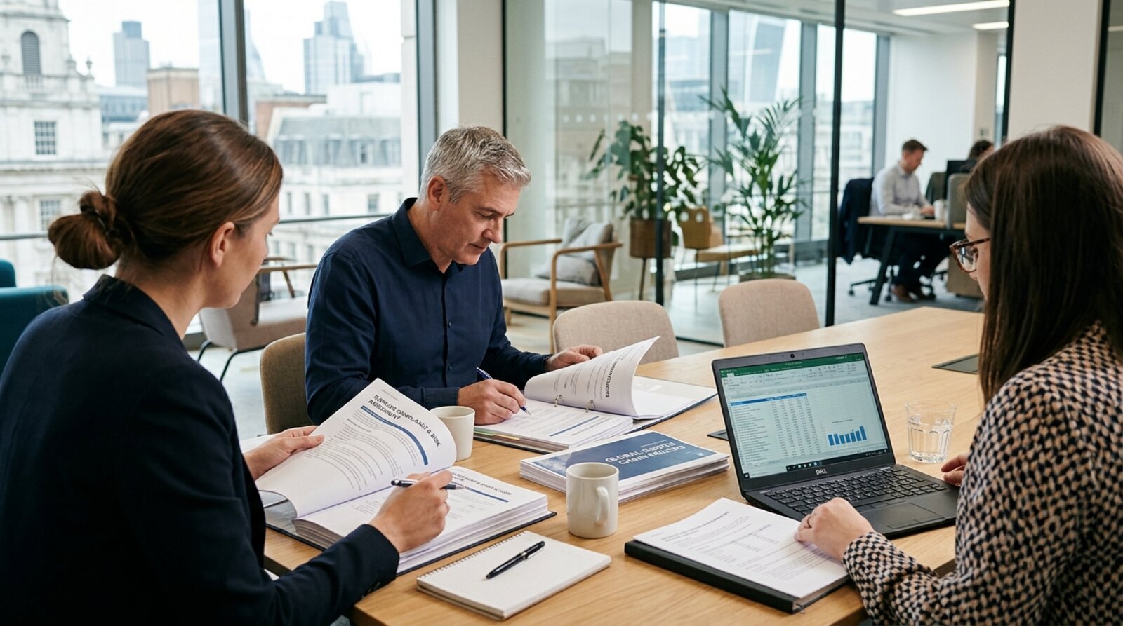 A UK procurement and compliance team reviewing supplier documents and an ethical procurement policy around a meeting table