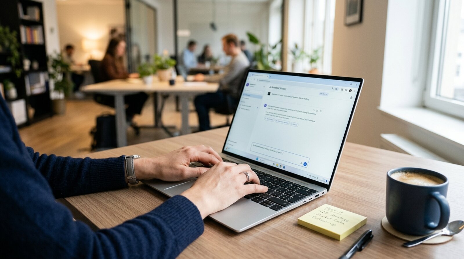 Close-up of an employee typing a prompt into an AI chatbot on a laptop with a data classification notice on screen