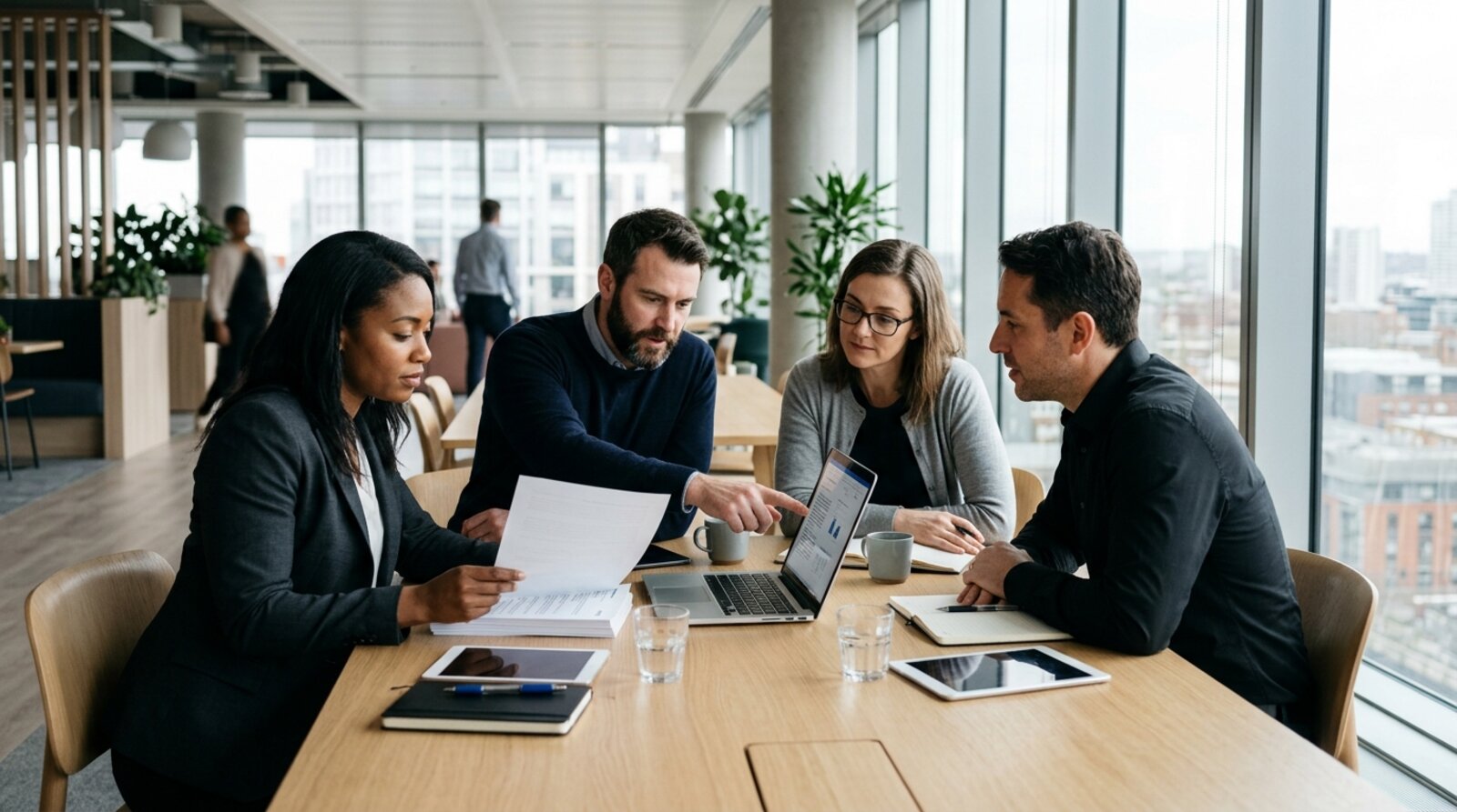 A team of employees reviewing an AI use policy document together in an office meeting room