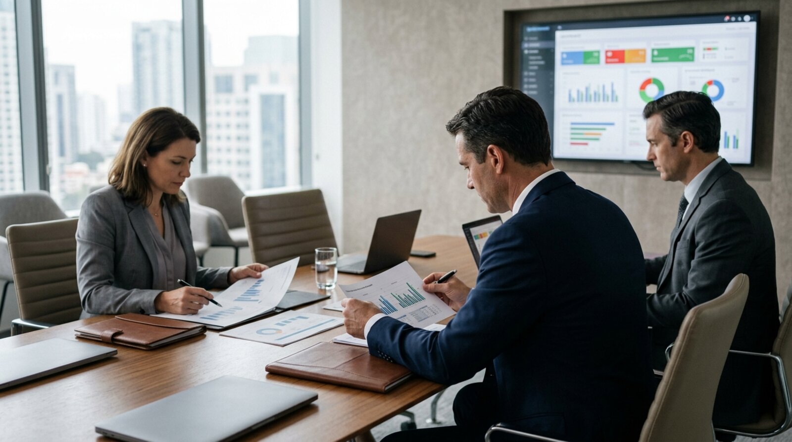 Board members reviewing governance and ESG reporting in a meeting room