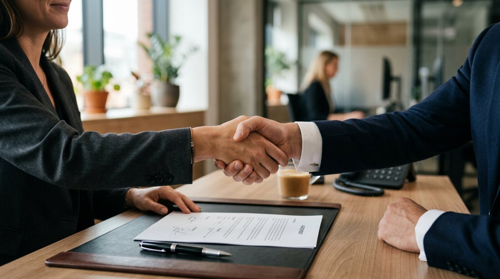 A handshake over a signed agreement representing ethical business decisions