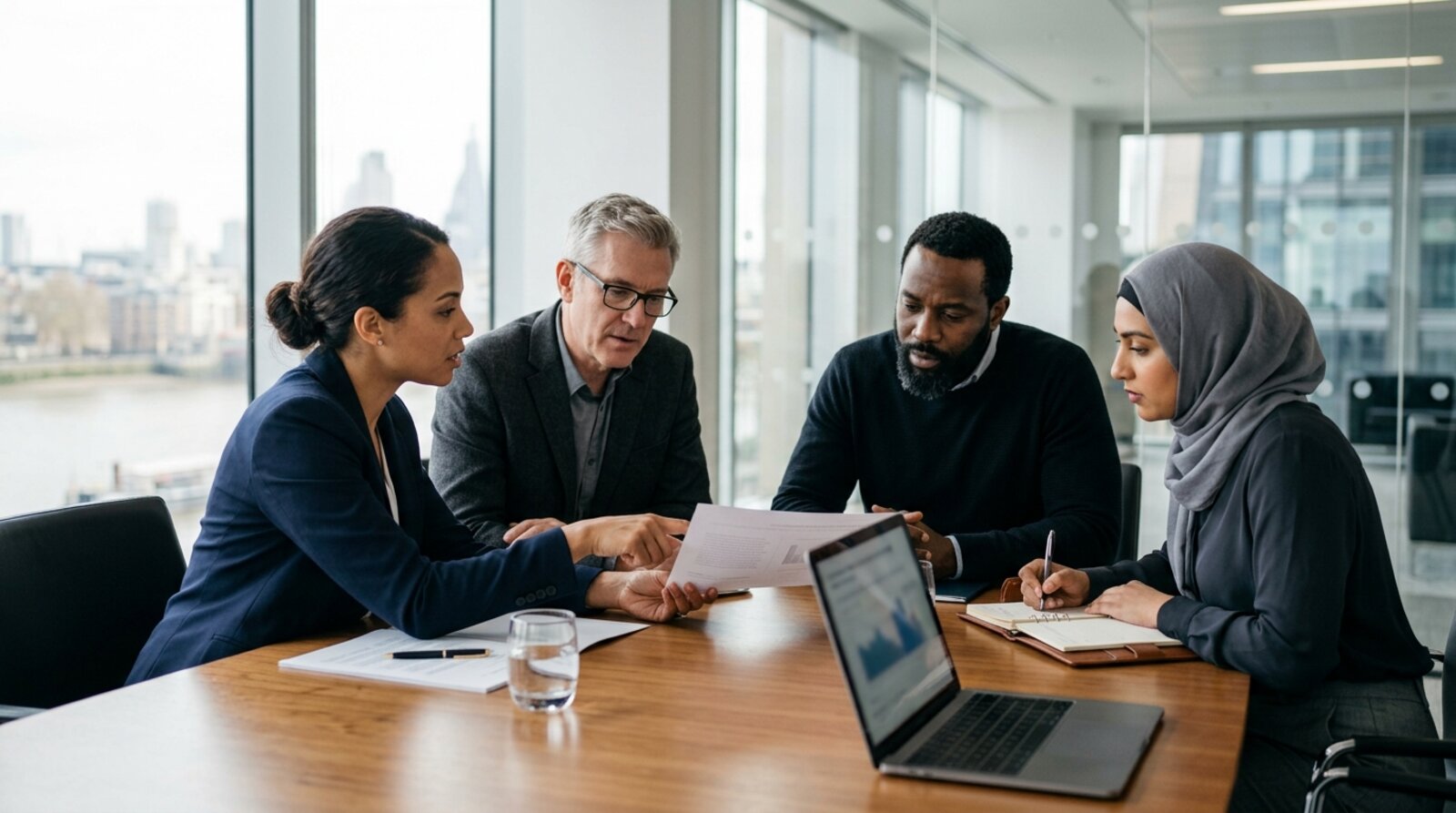 Managers discussing ethics and compliance documents around a boardroom table