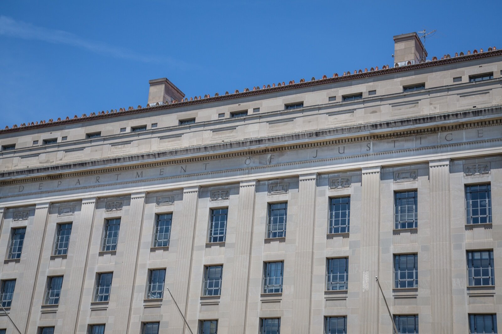 The United States Department of Justice building facade in Washington, DC